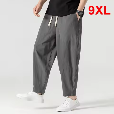 Linen Pants Men Baggy Pants Plus Size 9XL Summer Ankle-length Pants Male Solid Color Bottom Big Size