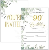 90th Birthday Invitation Cards for Women Men, 90 Years Old Birthday Invites for Adult, Greenery Birt