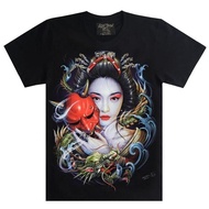 Japanese Tattoo Men Street Wear Printed Short-Sleeved T-Shirt Cotton Prajna Samurai Geisha Casual