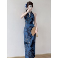 cheongsam muslimah baju cheongsam muslimah Blue Peony Printed Satin Halter Cheongsam New Chinese Sex