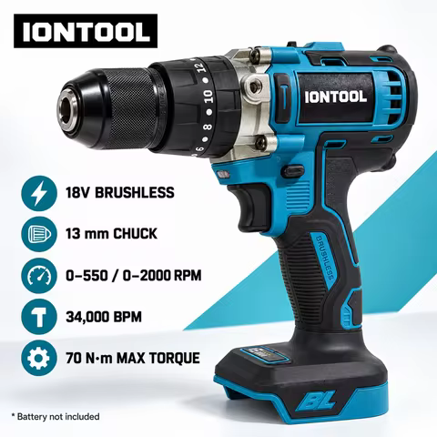 IONTOOL 18V Brushless Cordless Hammer Drill 70Nm 13mm Chuck 2 Speed 0-2000RPM 34000BPM Power Tool fo