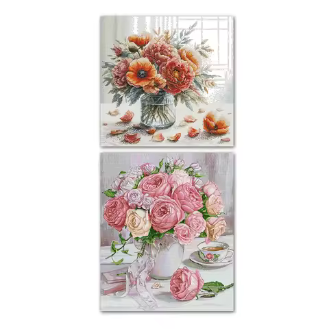 Joy Sunday Autumn Vase Roses In Full Bloom Cross Stitch Kit, 14CT, 11CT, 16CT Counted Stamped Home D