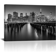 KLVOS New York Cityscape Wall Art Manhattan Skyline at Night Picture Black White Hudson River Canvas