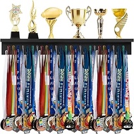 Threehoney Wooden Medal Hanger Display Trophy Holder Shelf with 25/37/49/65/83 Hooks Wall Mount Ribb