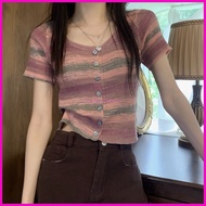 Short Sleeve Top Women Summer High Waist Jeans With Knitted Cardigan French Striped t-Shirt Narrow a