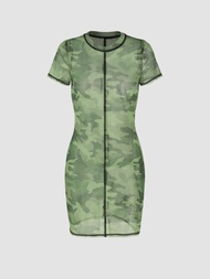 Cider Sheer Mesh Camouflage Print Dress