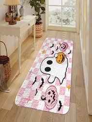 1pc Pink & White Cute Ghost, Pumpkin, Bat Pattern Design Rug, Faux Wool Rectangular Soft & Dirt-Resi
