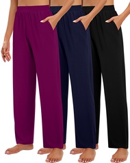 Huukeay 3 Pack Women's Lounge Pants, Cozy Wide Leg Lounge Pants with Pockets Loose Flowy Yoga Sweatp