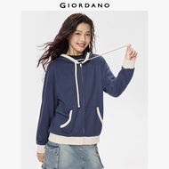 GIORDANO Women Jackets Contrasting Trim Zip Hoodies Kanga Pockets Smooth Soft Simple Fashion Casual 