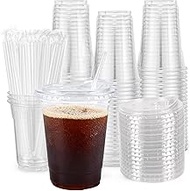 50 Sets - 24 oz Clear Plastic Cups with Lids and Straws, Sturdy & Food Safe Iced Coffee Cups with li