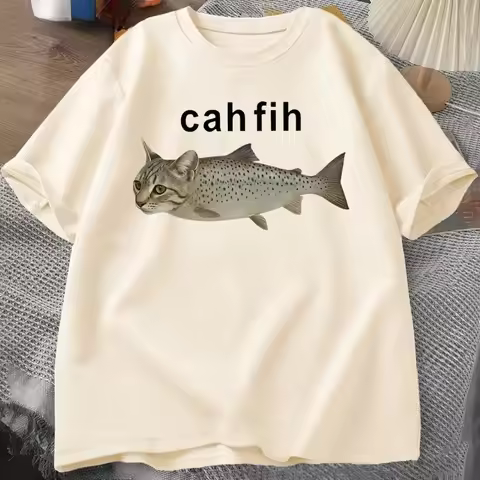 Cah Fih T-Shirt Fih Funny Mispelled Fish Meme T Shirt Cat and Fish Graphic Humor Tshirt Casual Short