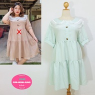 Mint Green Dobby Chiffon Dress For Fat People With Mesh Collar And 2 Fake Buttons With A Bow Tie At 