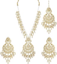 Artificial Kundan Pearls Studded White Necklace with Earrings Set Elegant Ethnic Fashion Bharatanaty
