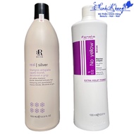 Combo of anti-yellowing purple shampoo and purple conditioner for bleached hair care Fanola No Yello