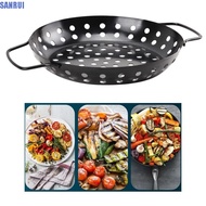 SANRUI BBQ Grill Tray, Carbon Steel Non Stick Veggie Roasting Pan, Durable Perforated Portable Round BBQ Drain Basket Pizza