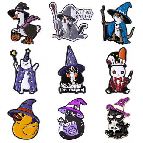 Halloween Cute Animal Wearing Witch Hat Enamel Pins Frog Wizard Magic Wand Brooches Lapel Badge Jewe