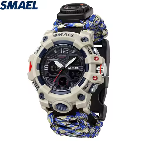 SMAEL 8008N Men's Military Sport Watch - 50M Waterproof LED Dual Time Alarm Stopwatch Compass SOS Sh