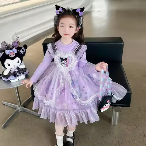 Halloween Sanrio Kuromi Dress for Kids 4-14 Years Old Cotton Ruffled Longsleeves Floral Princess Dre