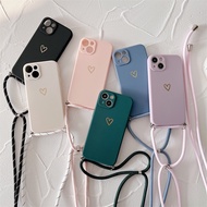 Casing for Apple Iphone 14 Pro Max 14plus Crossbody Necklace Strap Lanyard Phone Case For IPhone 14pro Love Heart Soft Silicone Matte Bumper Cover on Apple 14promax