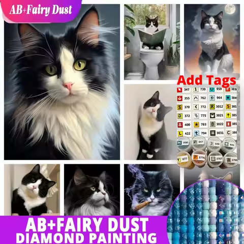 AB Fairy Dust New Cow Cat 5D DIY Diamond Painting Kit Black and White Cats Portrait Diamond Embroide