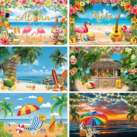Summer Hawaii Beach Backdrop Tropical Flowers Aloha Luau Sea Surfboard Holiday Party Birthday Photog