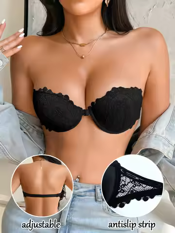 Summer Strapless Lace Women's Bra Front Closure Underwire Push Up Bra Breathable Comfort Off Shoulde