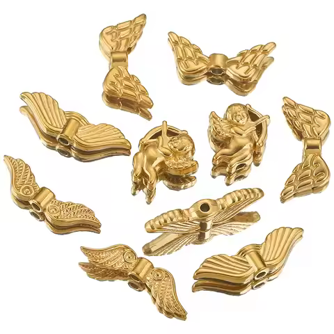 5PCS Stainless Steel Flat Angels Wings Beads Gold Plated Spacer Beads for Needlework DIY Bracelet Je