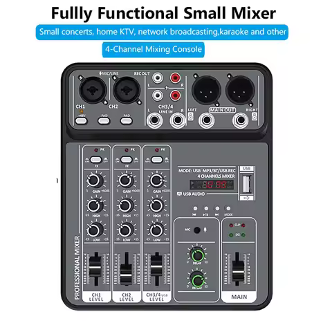 Professional Audio Mixer 4-channel Dj Mixing Console Met Bluetooth 48V Phantom Power Monitor Karaoke