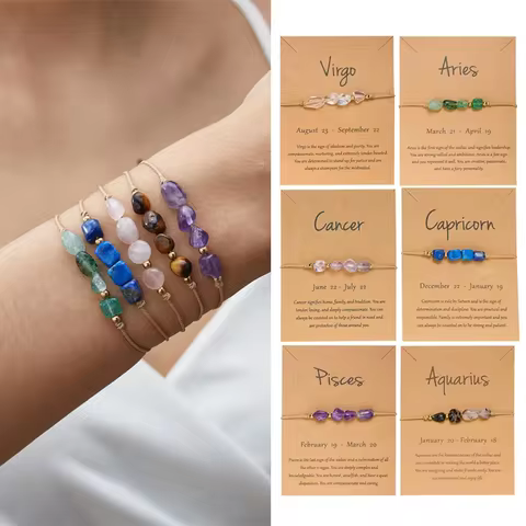 12 Constellation Sign Natural Stone Bracelet for Women Kids Aries Leo Hand Braid Cardstock Bracelet