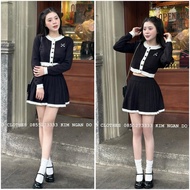 Set Bộ Tăm Siêu Phẩm Áo Croptop Cài Nút Chạy Viền Tay Dài Sang Chảnh Mix Chân Váy Dập Ly ( Có Lót )