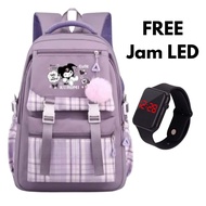 Tas Ransel Anak Perempuan Kulit Lunak Motif Kotak KUR0MI Fashionable dengan Aksesoris Free