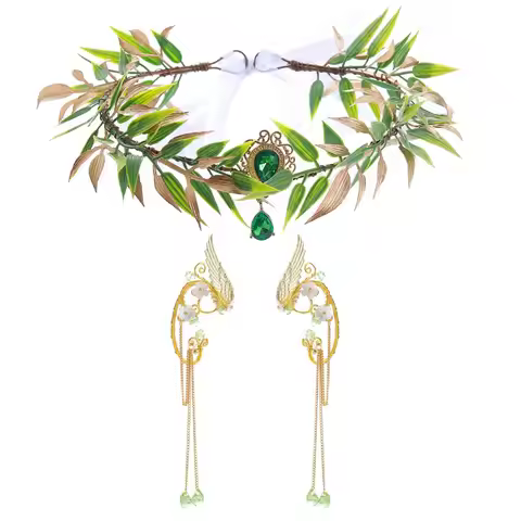2pcs Halloween Elves Cosplay Set Fairy Flower Crown Headpiece Elf Ears Cuffs Renaissance Costume Lea
