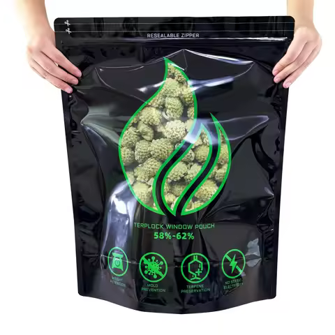 1/8 Ounce~2 Pound Lock & Seal Storage & Curing Bags 58%-62% RH Terp Cultivation Pouches Heat Sealabl