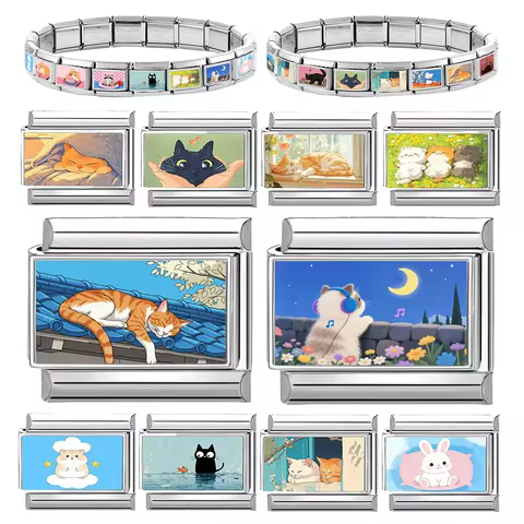 9mm Charm Links Bracelet Stainless Steel Y2K Kawai Cute Cats Listen to music Look at the moon Italia