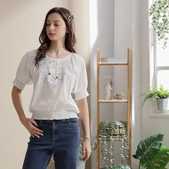 [CUMAR] Cotton Cross Stitch Totem Puff Sleeve Top White Green