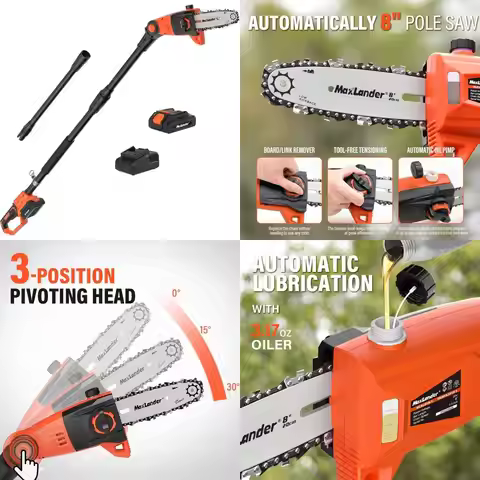 Cordless 8-Inch Pole Saw for Tree Pruning, Extendable to 15 Feet, High-Speed Cutting with Automatic 