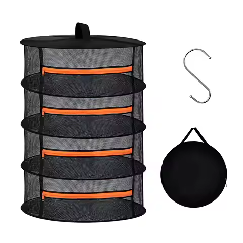2ft Herb Drying Rack with S Hook 2/4/6/8 Layer Folding Mesh Hanging Basket Dryer Net with Orange Zip