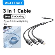 Vention 3 in 1 USB Cable A Male to Type C 6A 120W Micro Lightning for iPhone 16 15 14 13 12 Pro Max 