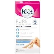 Veet Pure Hair Removal Cold Wax Strips Legs&Body Sensitive Skin 40Sheets แผ่นกำจัดขนสูตรอ่อนโยนสำหรั