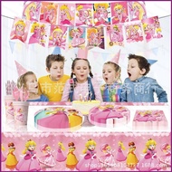 Super Mario Princess peach Theme kids birthday party decorations banner cake topper balloon plates napkins