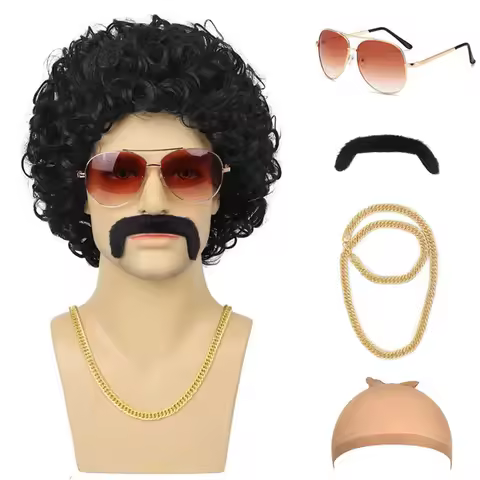5pcs Set 70s 80s Disco wig with Mustache Glasses Artificial Wolf Necklace Gold Chain Short Curly Syn