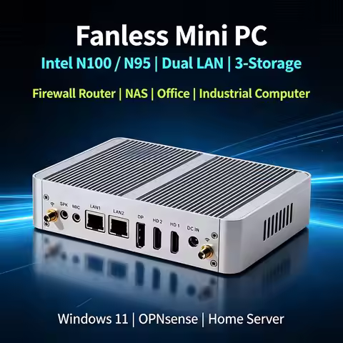 Fanless Mini PC Intel N100 N95 Dual LAN 3‑Storage Firewall NAS Office Industrial Computer Windows 11