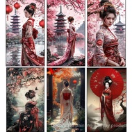 A cross-set of cherry blossom pavilion landscapes and Japanese women's decorations,No Frame Canvas P