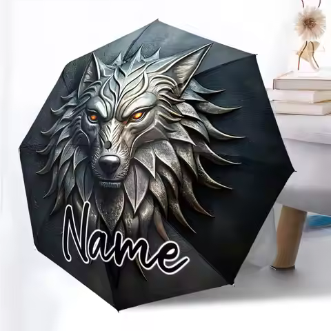 Custom Name Wolf Design Umbrella with Personalized Name Feature Print 8 Iron Ribs Folding Umbrella A