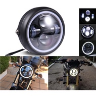Black LED Round Modified Headlight with Chrome Ring Cover Lamp For Honda GN125 CG125 CB400 CB500 Cafe Racer Custom