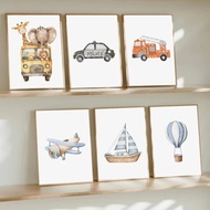 Watercolor Vehicle Transportation Art Car Plane Train Boat Hot Air Balloon Poster Canvas Painting Pr