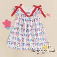 B935G-Girls 4th of July Dress Fly Sleeve Round Neck Bow Print Loose Dress Kids A-Line Dress