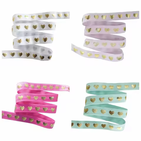 5/8"16mm Gold Foil Hearts FOE Fold Over Elastic Ribbon for Valentine Hair Bows Bracelet Craft Custom