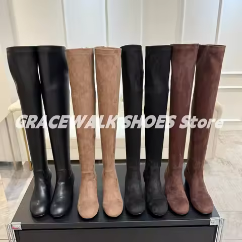 Hot Classic Round-Toes Solid Sheepskin ZIP Over-the-Knee Botas Mujer Sewing Suede Striped Chunky Hee