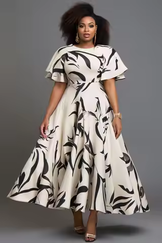 Plus Size Churchs White All Over Print Round Neck Flutter Sleeve Short Sleeve Pocket Elegant Midi Dr
